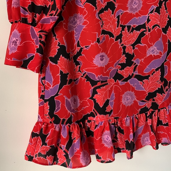 WHO WHAT WEAR purple red black floral ruffle hem dress SZ XS covered buttons - Picture 7 of 14